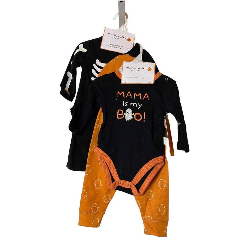 2 Pairs Kids Halloween pajamas Tahari‎ skeleton & Tahari Mama is my Boo Sz 3-6Mo